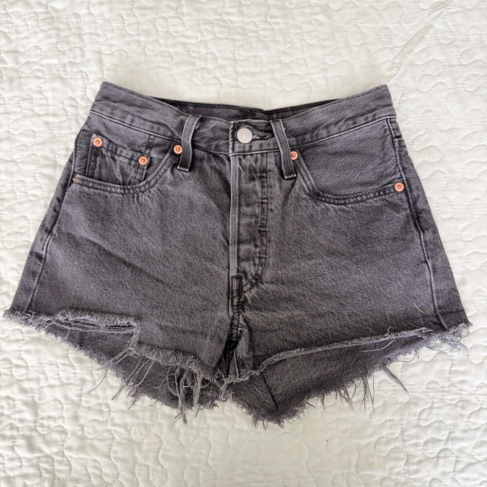 Levi's 501 Original Cut Off Denim Shorts Black Size 24 Frayed High Rise